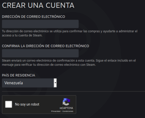 Crear cuenta en Steam